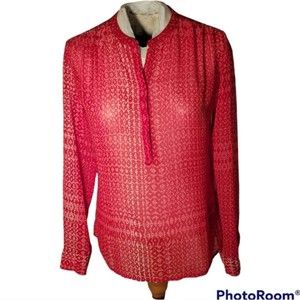 Ana Bohemian Style Sheer Long/Roll Tab Sleeve Red Pink White Women's Med Petite